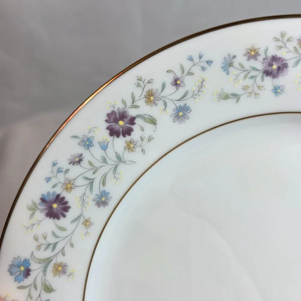 FOUR Noritake Longwood #2485 Salad Plates Purple, Blue & Yellow Flowers